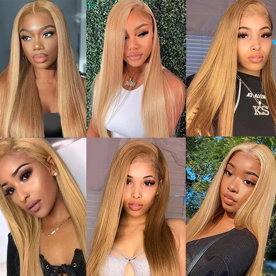 Perruque Lisse Blonde Miel 27 – 100% Cheveux Humains, Lace Frontal 13x6 ou 13x4, Longueur 30 à 34 Pouces