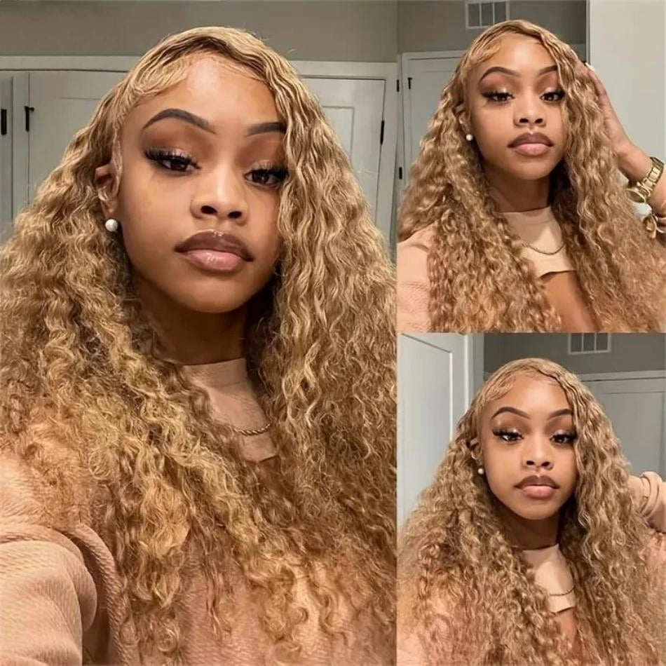Perruque Bouclée Blond Miel #27 – Deep Wave, HD Lace Front 13x4 ou 13x6, Cheveux Humains 100% Naturels