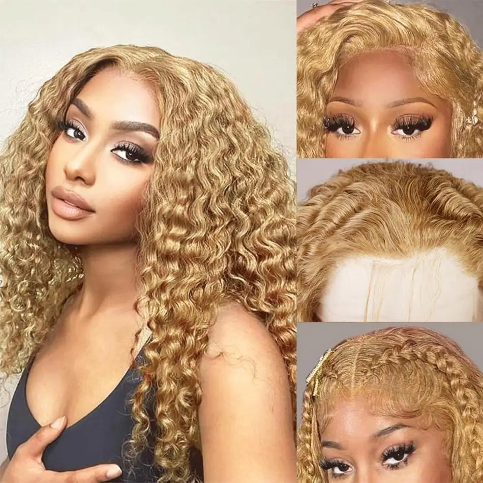 Perruque Bouclée Blond Miel #27 – Deep Wave, HD Lace Front 13x4 ou 13x6, Cheveux Humains 100% Naturels