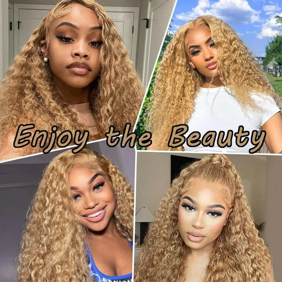 Perruque Bouclée Blond Miel – Deep Wave 30 à 36 Pouces, HD Lace Frontal 13x4 ou 13x6, Cheveux Humains