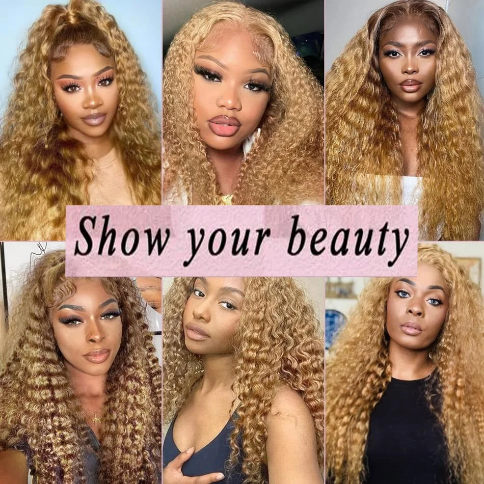 Perruque Bouclée Blond Miel #27 – Deep Wave, HD Lace Front 13x4 ou 13x6, Cheveux Humains 100% Naturels