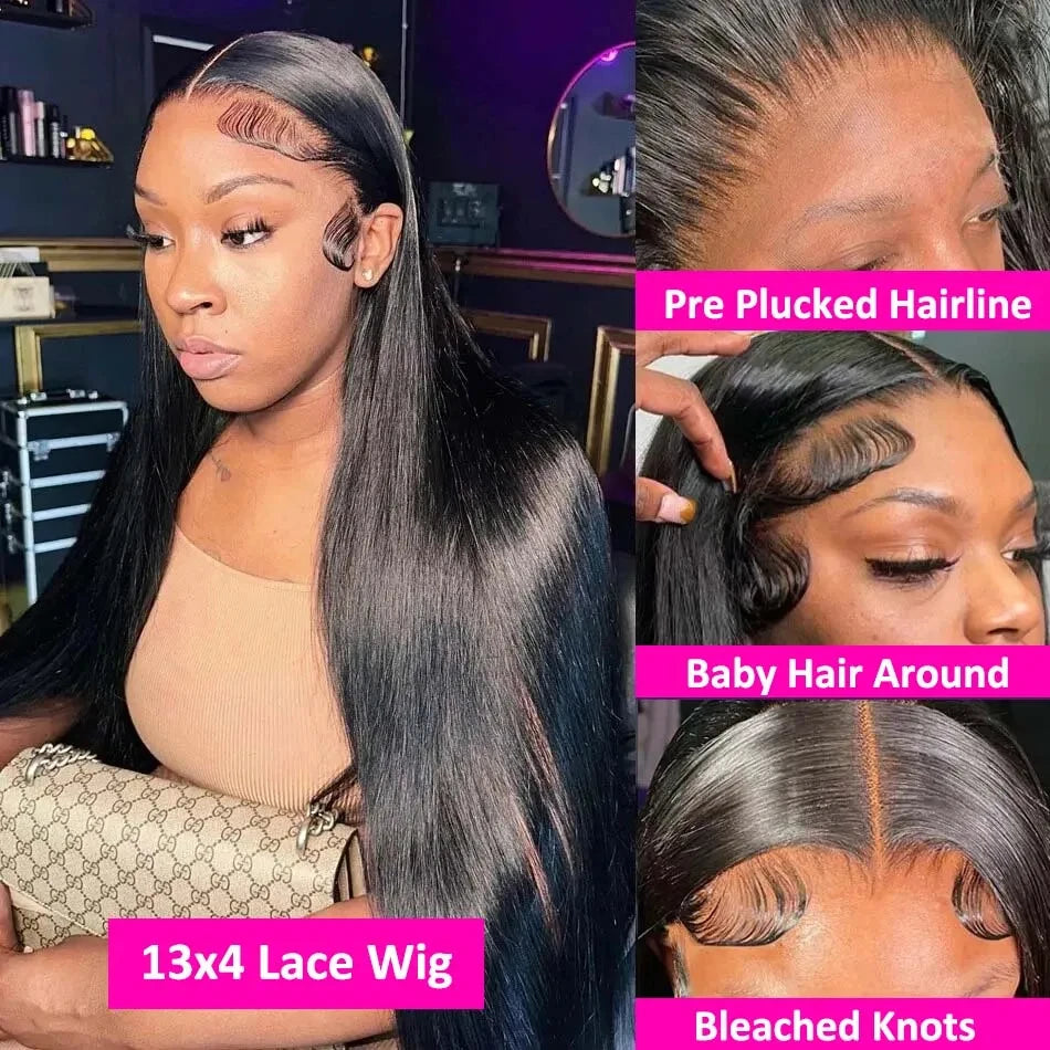 Perruque Lisse Bone Straight 30 à 40 Pouces – 250% Densité, HD Lace Frontal 13x6 ou 13x4, Cheveux Humains Pré-dégarnis