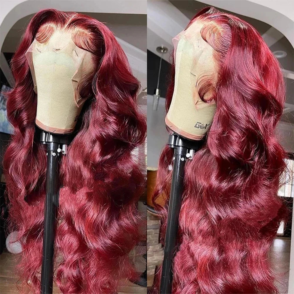 Perruque Body Wave Bordeaux 99J – HD Lace Frontal 13x6 ou 13x4, Cheveux Humains Colorés