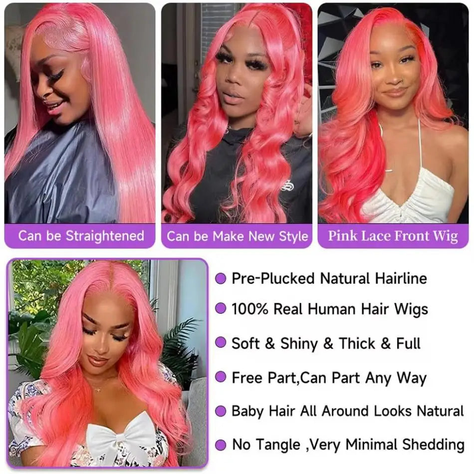 Perruque Rose Clair Loose Body Wave – HD Lace Front 13x6 ou 13x4, 36 Pouces, Cheveux Humains Brésiliens Colorés