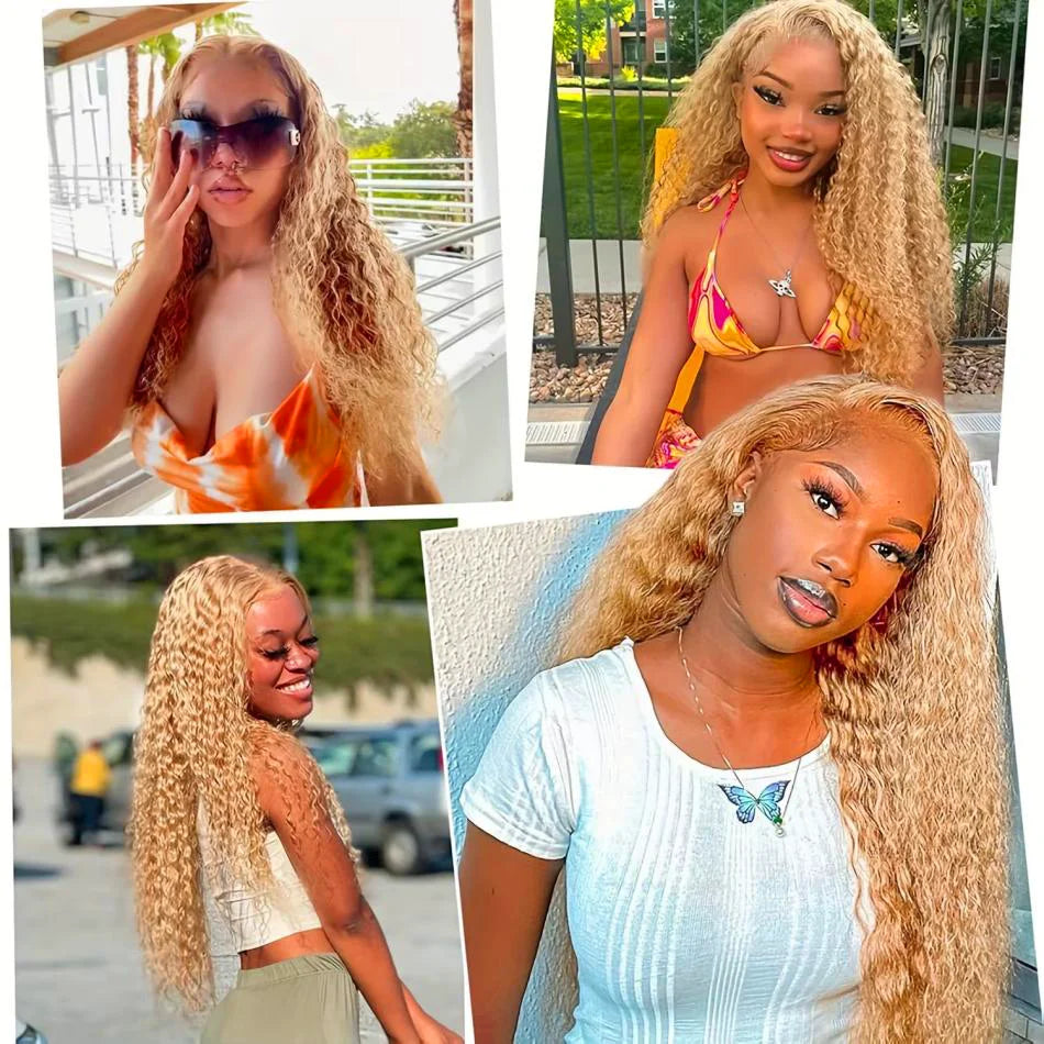Perruque Bouclée Blond Miel #27 – Deep Wave, HD Lace Front 13x4 ou 13x6, Cheveux Humains 100% Naturels