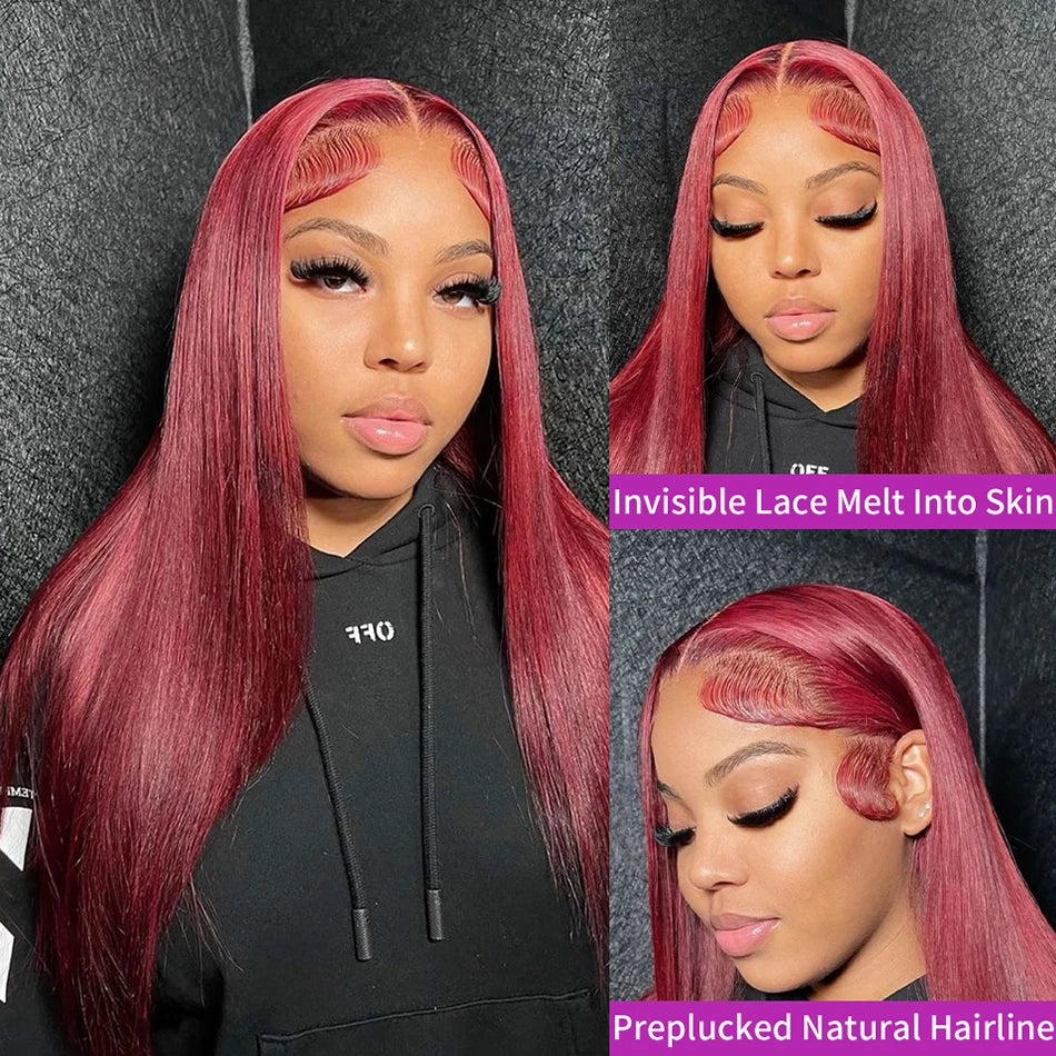 Perruque Lisse Rouge 99J – HD Lace Front 13x6 ou 13x4, Cheveux Humains Bourgogne