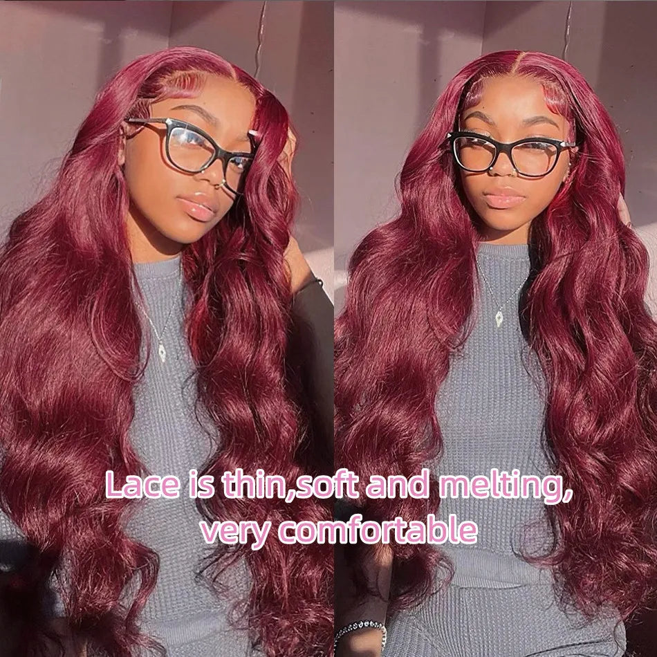 Perruque Body Wave Bordeaux 99J – HD Lace Frontal 13x6 ou 13x4, Cheveux Humains Colorés