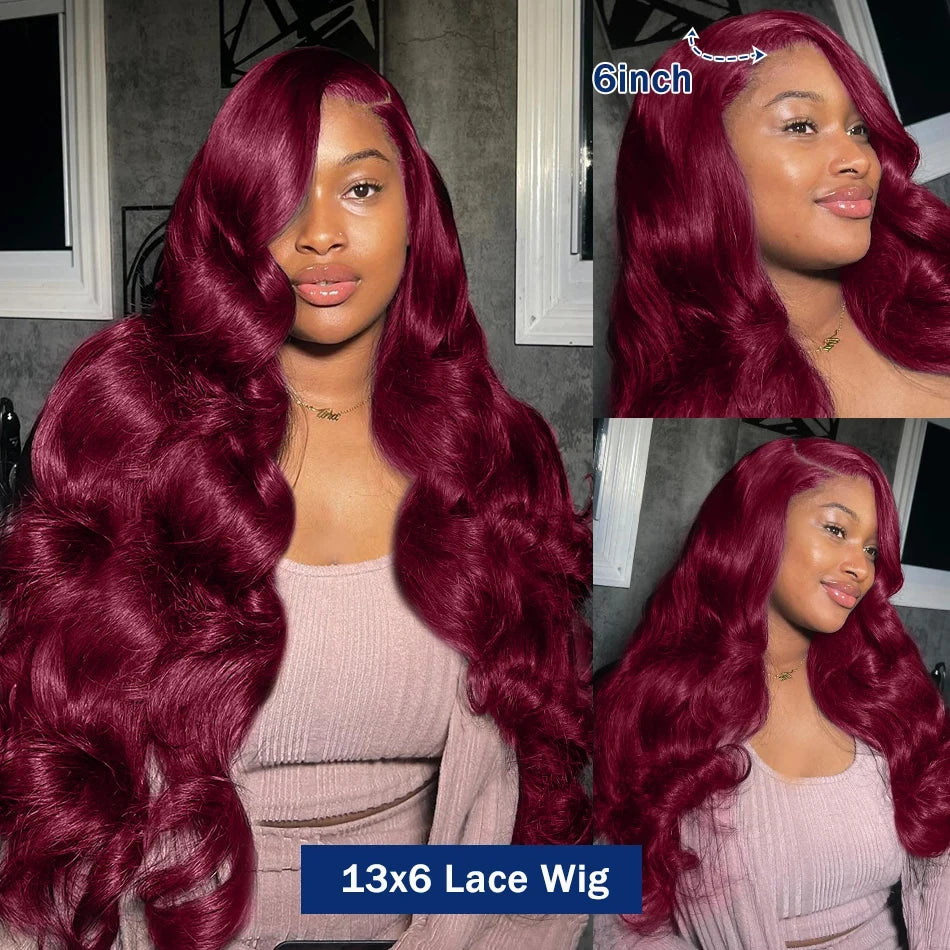 Perruque Body Wave Bordeaux 99J – HD Lace Frontal 13x6 ou 13x4, Cheveux Humains Colorés