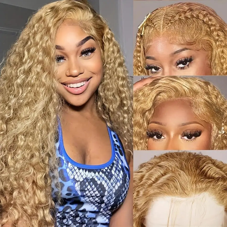 Perruque Bouclée Blond Miel – Deep Wave 30 à 36 Pouces, HD Lace Frontal 13x4 ou 13x6, Cheveux Humains