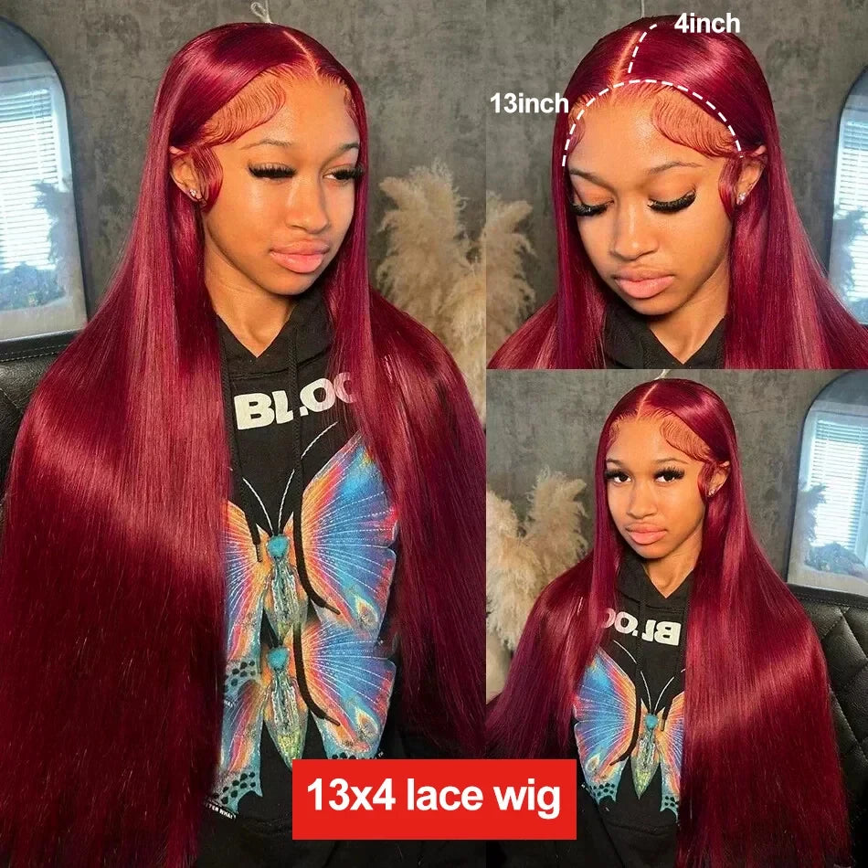Perruque Lisse Rouge 99J – HD Lace Front 13x6 ou 13x4, Cheveux Humains Bourgogne