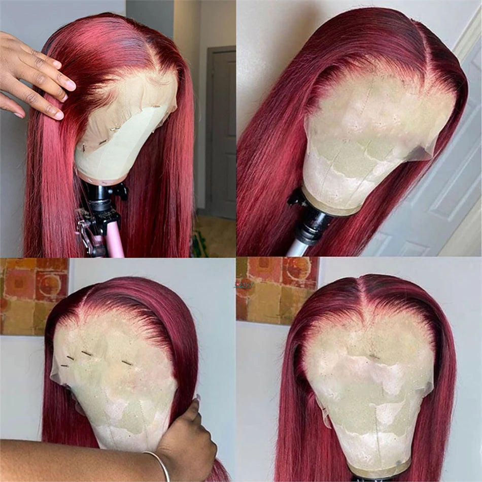 Perruque Lisse Rouge 99J – HD Lace Front 13x6 ou 13x4, Cheveux Humains Bourgogne