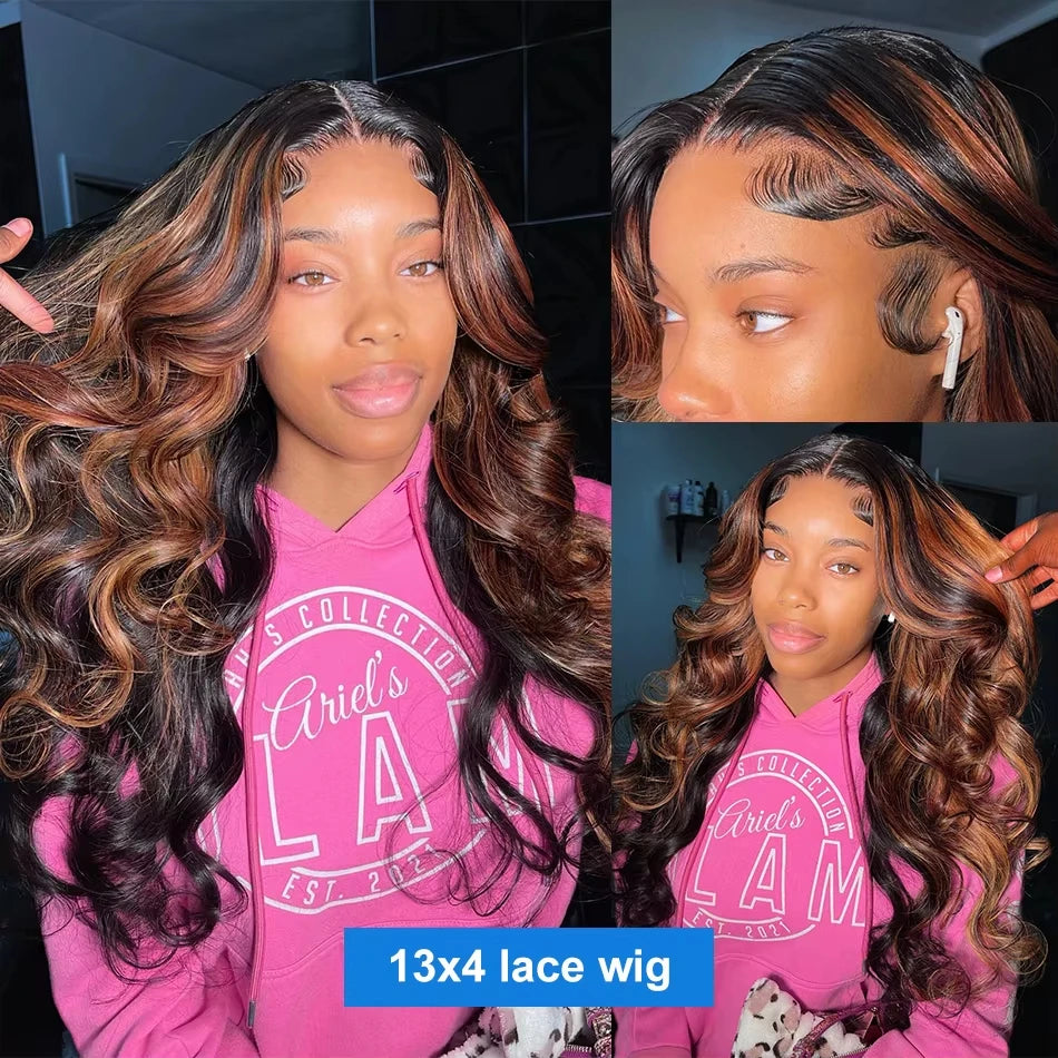 Perruque Body Wave Ombrée 1B/30 – Lace Front 13x4 ou 13x6, Cheveux Humains, Noir & Brun Miel