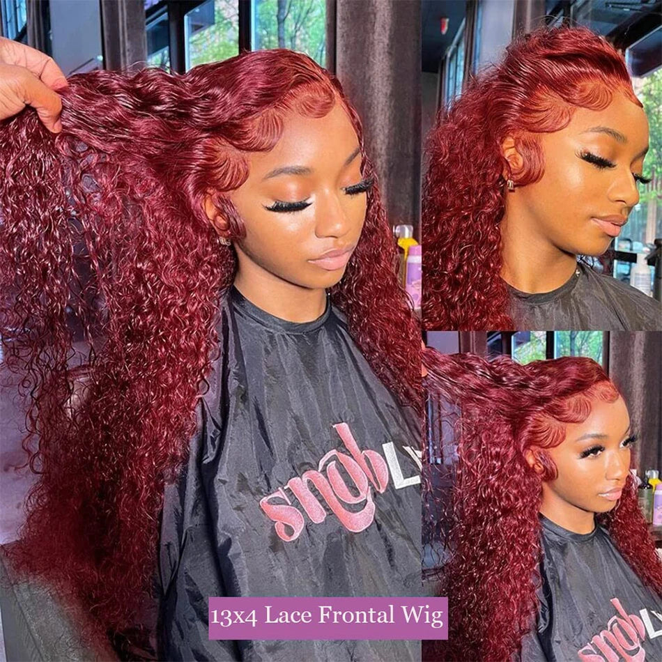 Perruque Bouclée Rouge 99J – Deep Wave, HD Lace Frontal 13x6 ou 13x4, Cheveux Humains Colorés