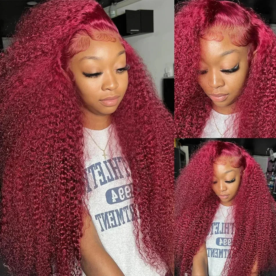 Perruque Bouclée Rouge 99J – Deep Wave, HD Lace Frontal 13x6 ou 13x4, Cheveux Humains Colorés