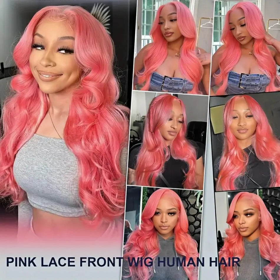 Perruque Rose Clair Loose Body Wave – HD Lace Front 13x6 ou 13x4, 36 Pouces, Cheveux Humains Brésiliens Colorés