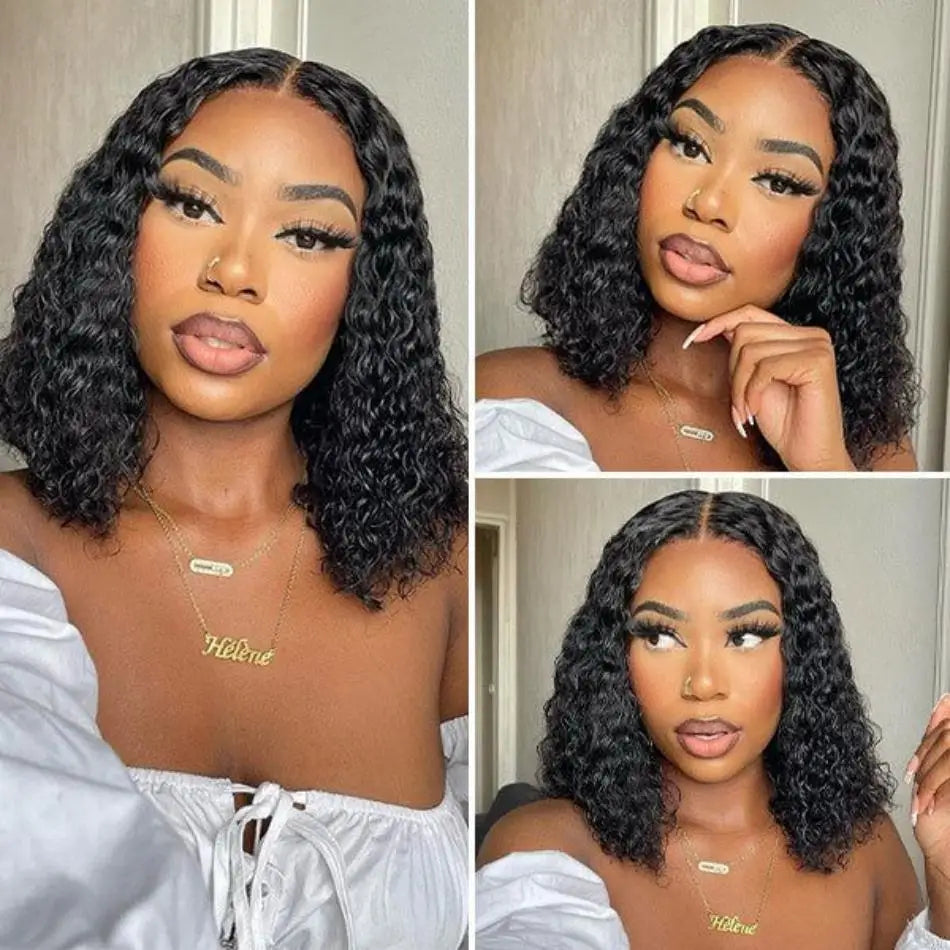 Perruque Bouclée Courte 10 à 12 Pouces – Deep Wave Glueless, Closure Pré-coupée 4x4 ou 5x5, Cheveux Brésiliens
