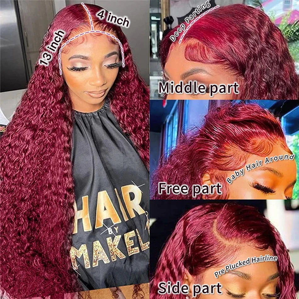 Perruque Bouclée Rouge 99J – Deep Wave, HD Lace Frontal 13x6 ou 13x4, Cheveux Humains Colorés