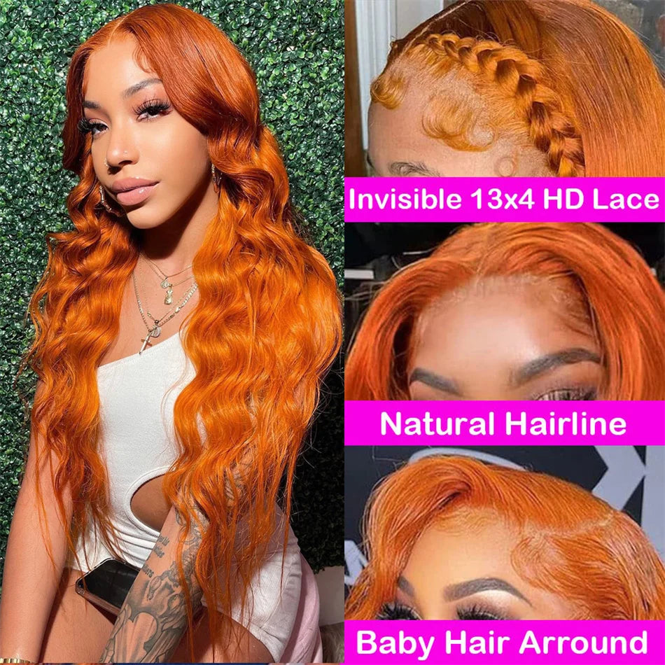 Perruque Body Wave Ginger 30 à 36 Pouces – HD Lace Frontal 13x6 ou 13x4, Cheveux Humains Colorés Pré-dégarni