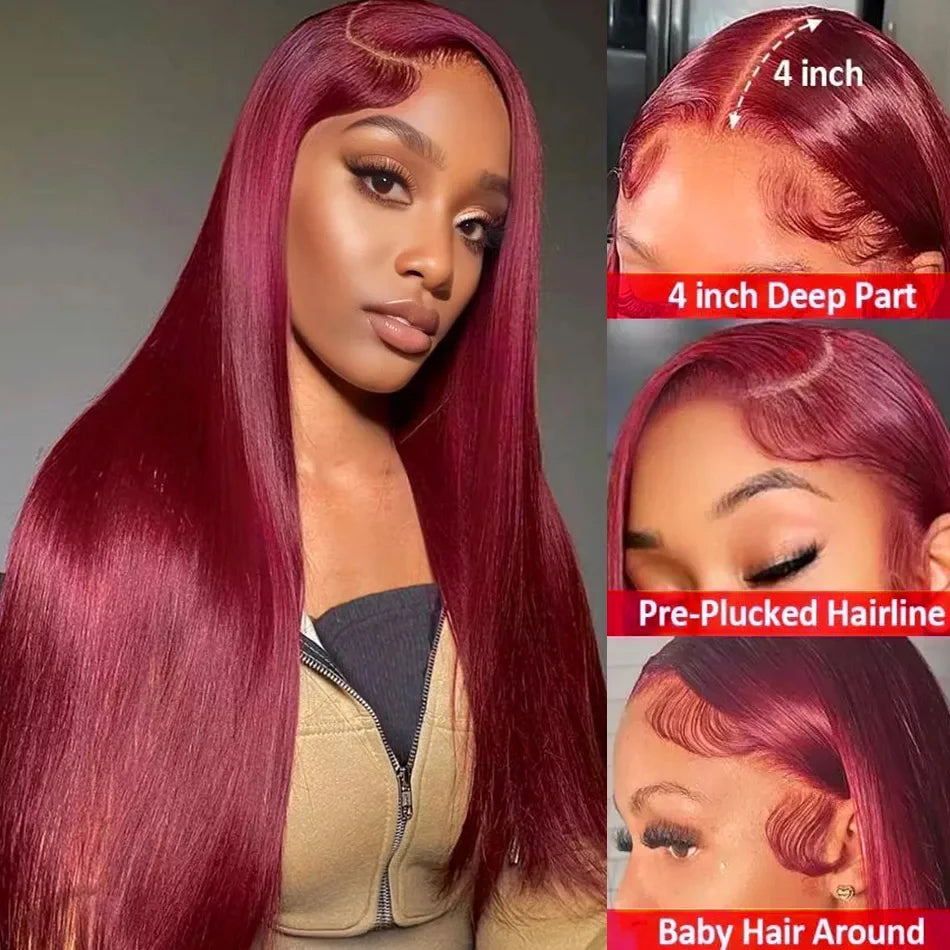 Perruque Lisse Rouge 99J – HD Lace Front 13x6 ou 13x4, Cheveux Humains Bourgogne