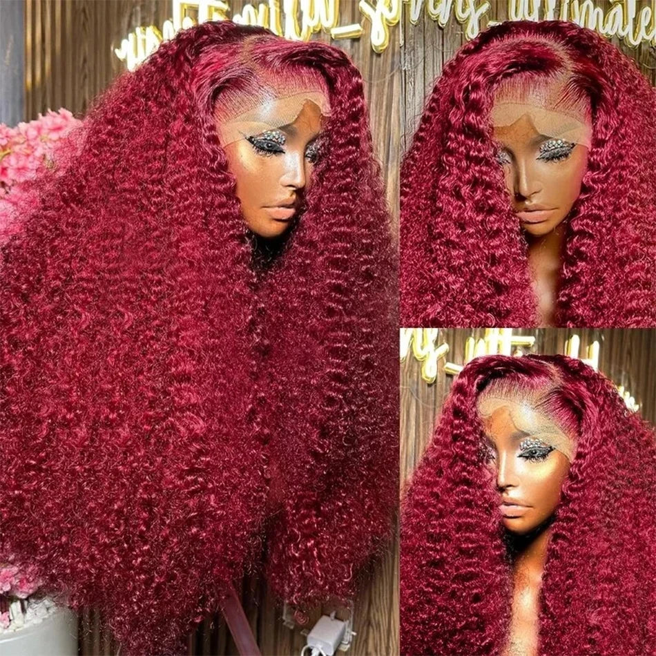Perruque Bouclée Rouge 99J – Deep Wave, HD Lace Frontal 13x6 ou 13x4, Cheveux Humains Colorés