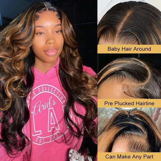Perruque Body Wave Ombrée 1B/30 – Lace Front 13x4 ou 13x6, Cheveux Humains, Noir & Brun Miel