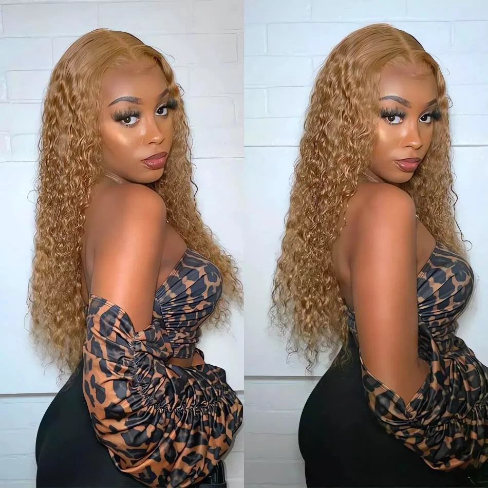 Perruque Bouclée Blond Miel #27 – Deep Wave, HD Lace Front 13x4 ou 13x6, Cheveux Humains 100% Naturels