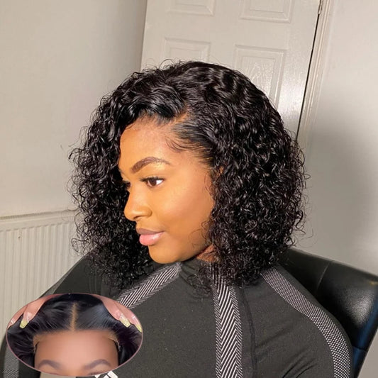 Perruque Bouclée Courte 10 à 12 Pouces – Deep Wave Glueless, Closure Pré-coupée 4x4 ou 5x5, Cheveux Brésiliens