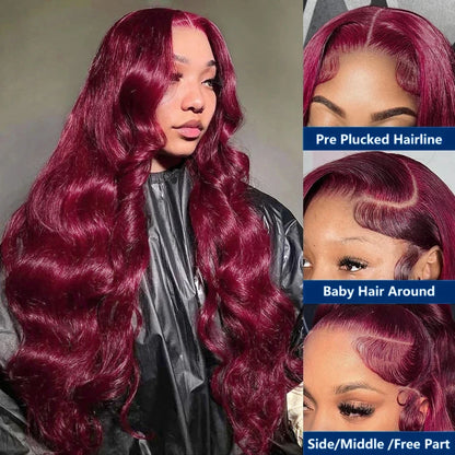 Perruque Body Wave Bordeaux 99J – HD Lace Frontal 13x6 ou 13x4, Cheveux Humains Colorés