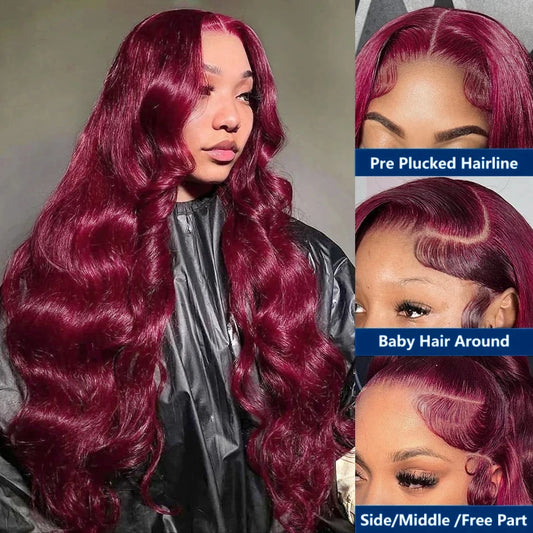 Perruque Body Wave Bordeaux 99J – HD Lace Frontal 13x6 ou 13x4, Cheveux Humains Colorés